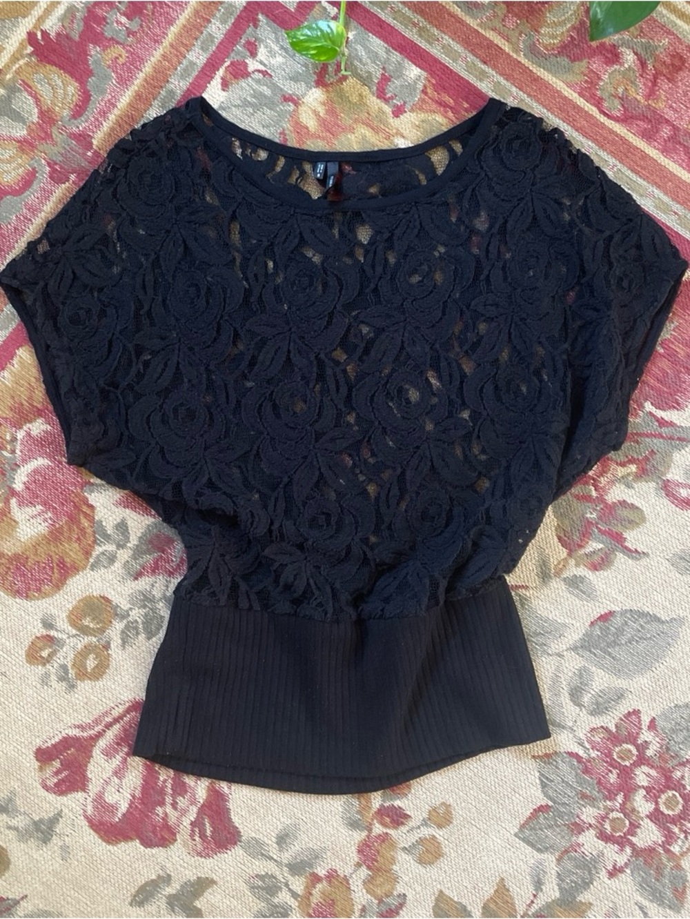 Maurices Sheer Black Floral Lace Blouson Top w/ Ribbed Waist And Batwing Sleeves